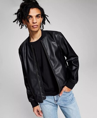 And Now This BLACK Men's Faux Leather Bomber Jacket, US