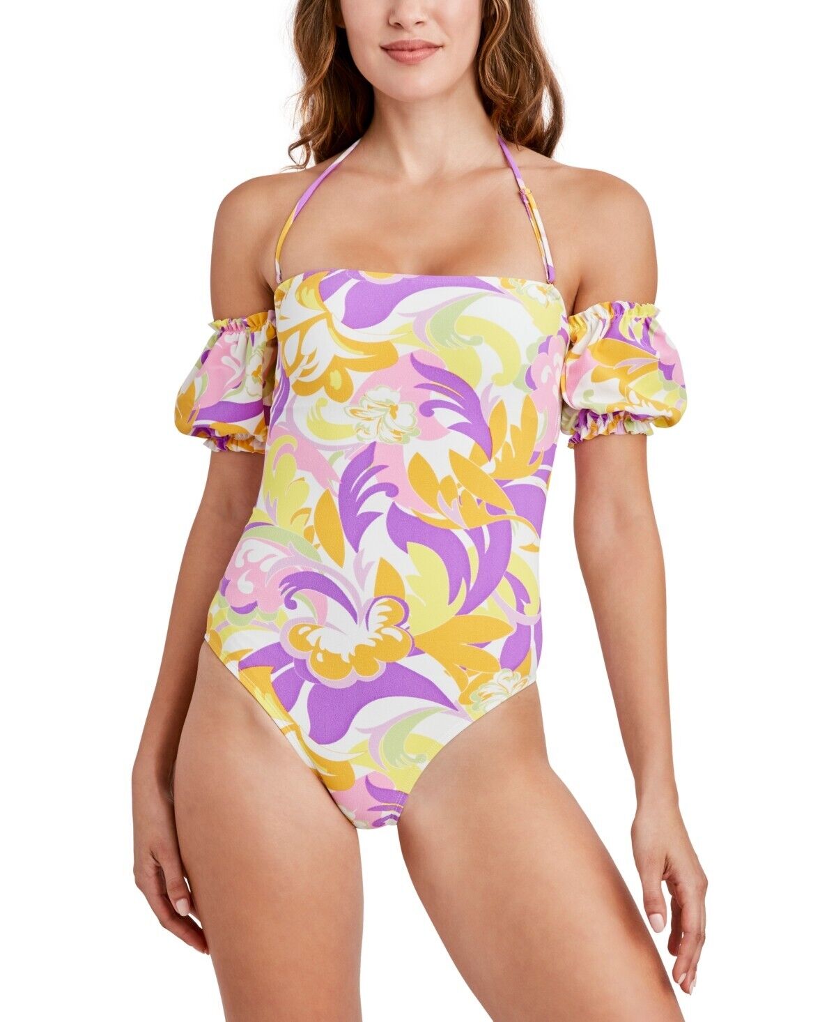 BCBGeneration Floral Off Shoulder One Piece Swimsuit Women M/M Yellow Multicolor - Picture 1 of 14