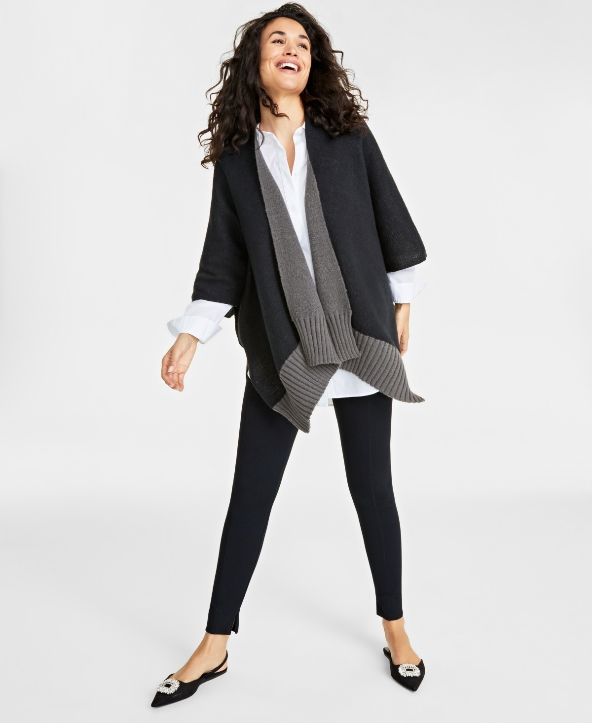 On 34th Tight Knit Reversible Wrap Sweater Women's One Size Black/Gray Rib Hem - Picture 1 of 13