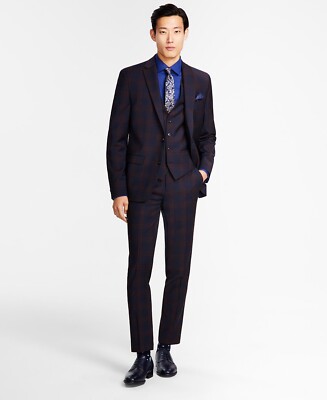 Bar III Men's Slim-Fit Wool Blend Plaid Suit Jacket Only in Burgundy/Blue-36S