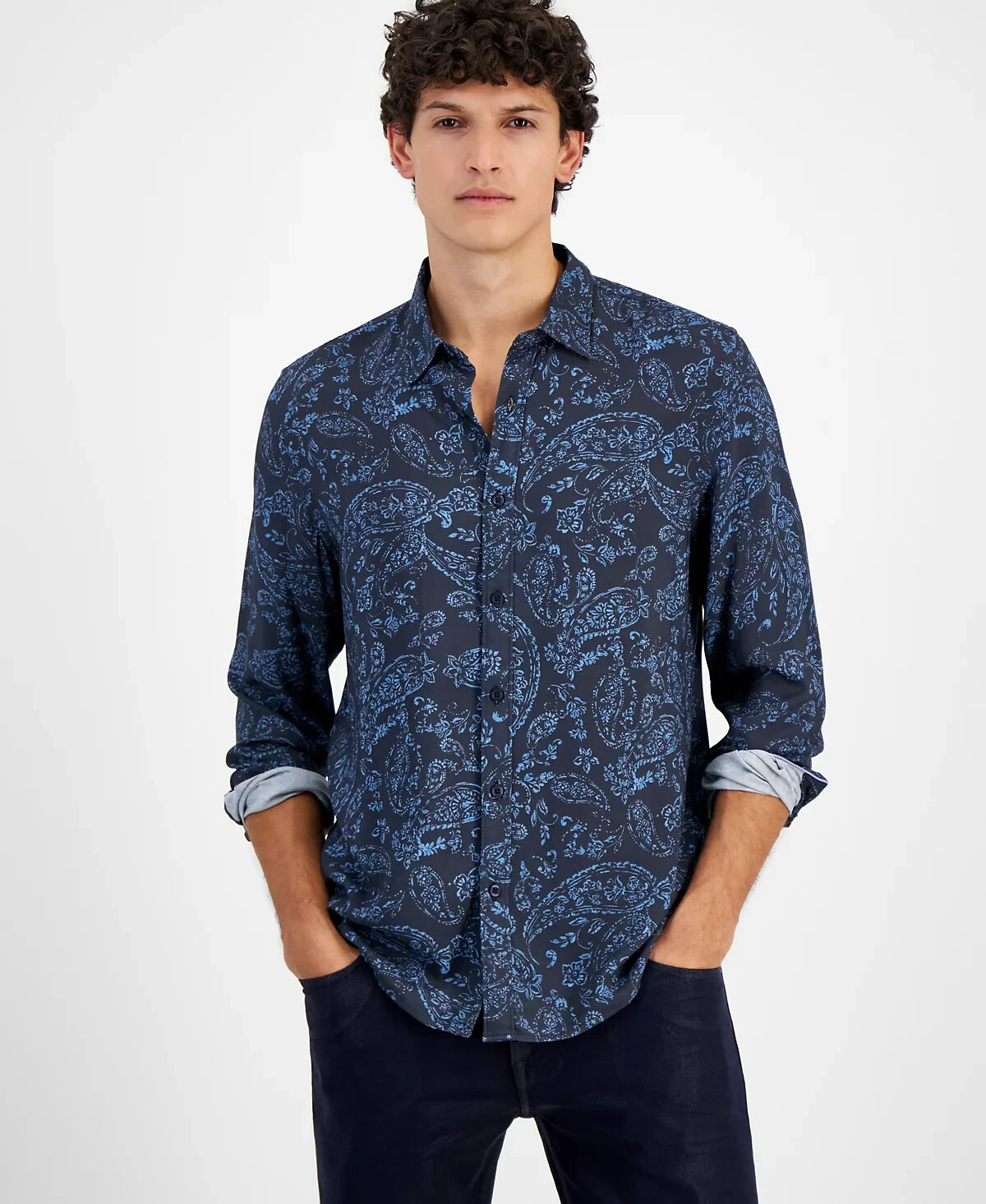 GUESS Paisley Print Long-Sleeve Shirt Men's S Black/Blue Button Front Closure - Picture 1 of 18