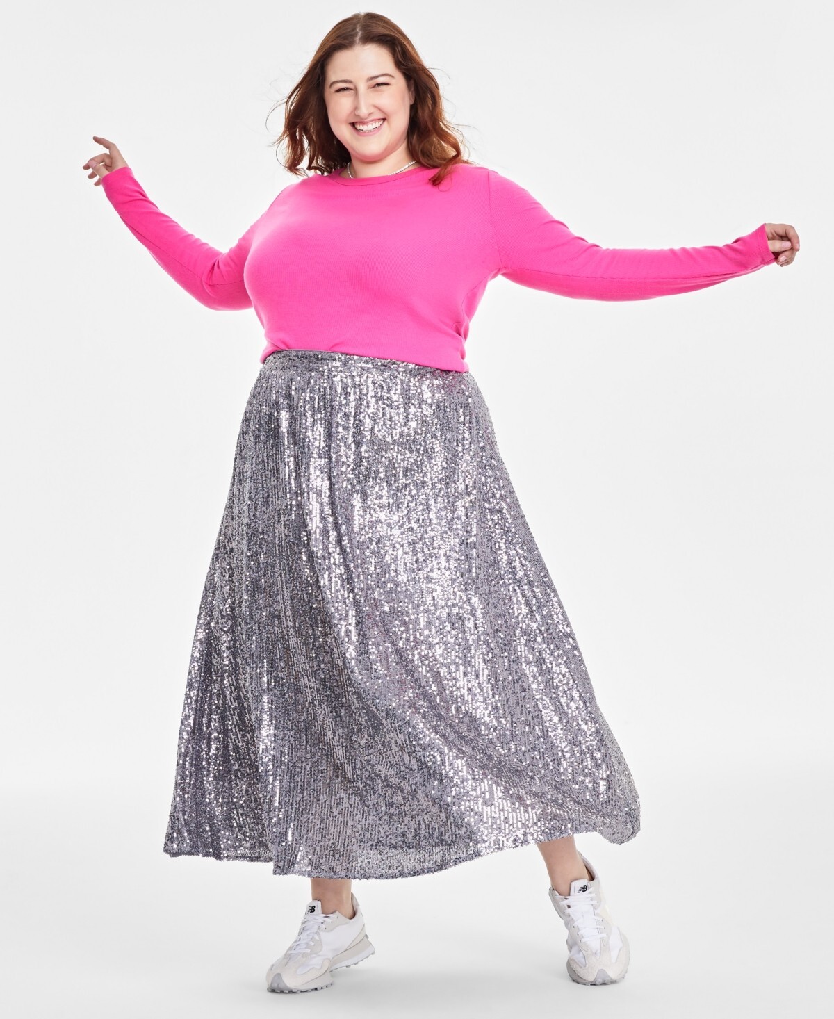 On 34th Plus Size Sequin Pleated MIDI Skirt Silver Combo Sz
