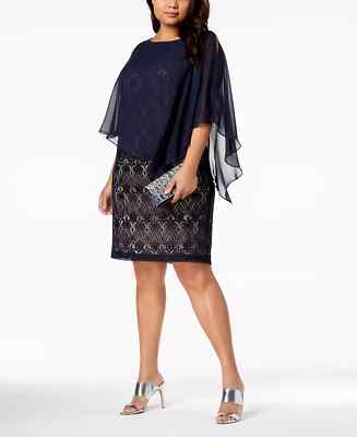 CONNECTED Dress Plus Size 14W Chiffon Overlay Lace Sheath Navy Mocha NWOT