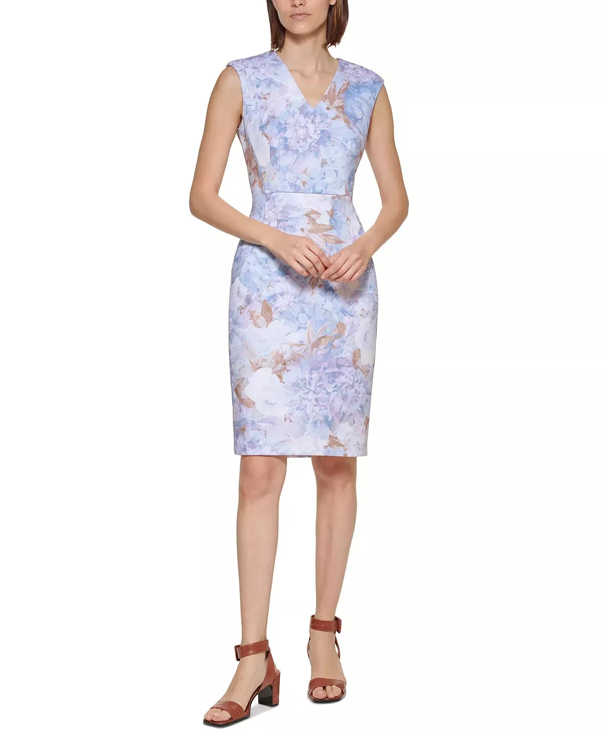 НОВИНКА! Элегантное и БЕЗМЯТЕЖНОЕ платье-футляр Calvin Klein с V-образным вырезом и множеством цветочных узоров, размер 12