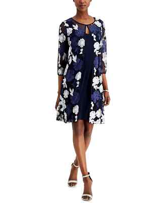 Connected Apparel Embroidered Mesh Jacket Dress Navy Blue 3/4 Sleeve NWT sz 10