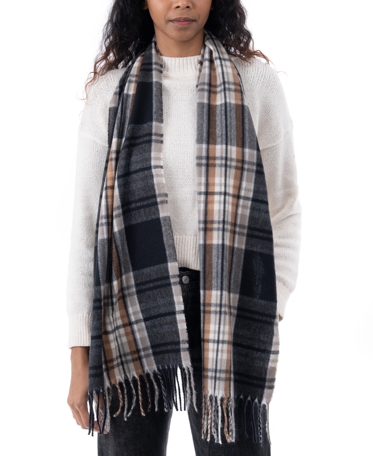 Style & Co. Soft Plaid Fringe-Trim Scarf Women's One Size Black Neutral - Picture 1 of 13