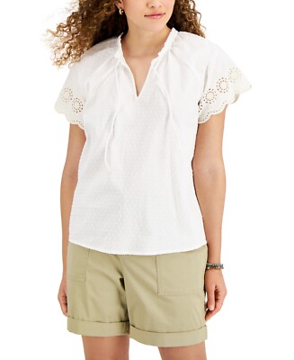MSRP $50 Style & Co Women Cotton Flutter-Sleeve Peasant Blouse White Size XS