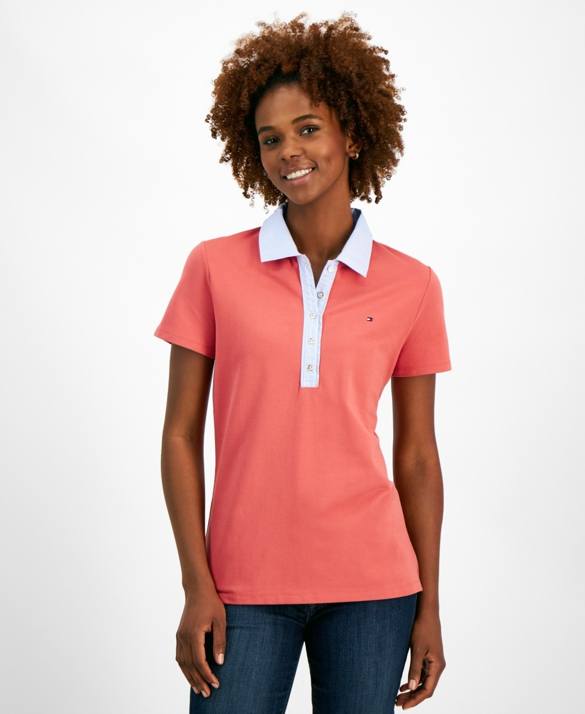 Tommy Hilfiger Striped-Collar Polo Shirt Women's L Min Red Short Sleeve Pullover - Picture 1 of 18