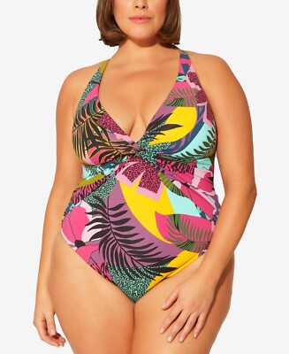 $135 Bleu by Rod Beattie Plus Size Tropical-Print One-Piece Swimsuit Size 16W