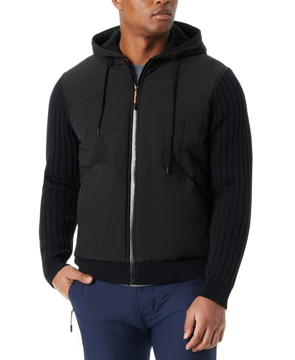 BASS OUTDOOR Mixed Media Zip-Front Hooded Sweater Jacket Men's M Black Pockets - Picture 1 of 17