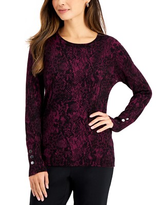 Jm Collection Petite PXL Red Rayon Python-Print Buttoned-Cuff Sweater NWT