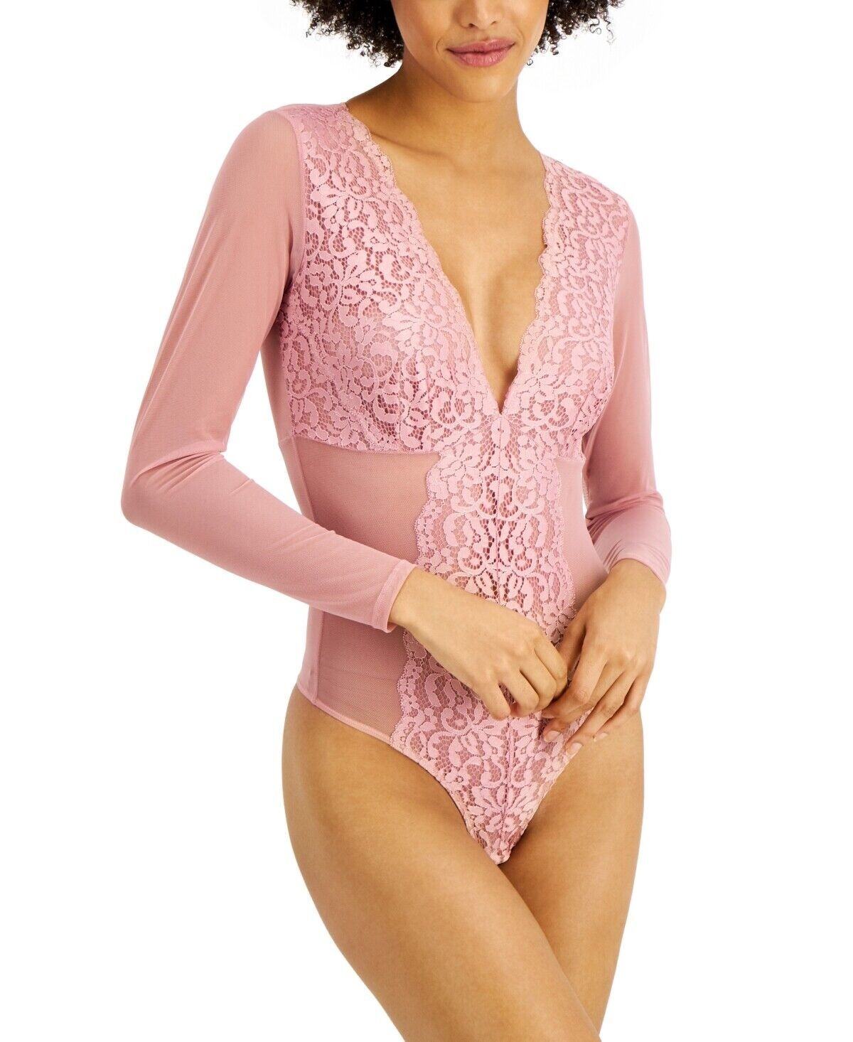 INC Women's Long-Sleeve Lace Mesh Bodysuit, Foxglove Pink