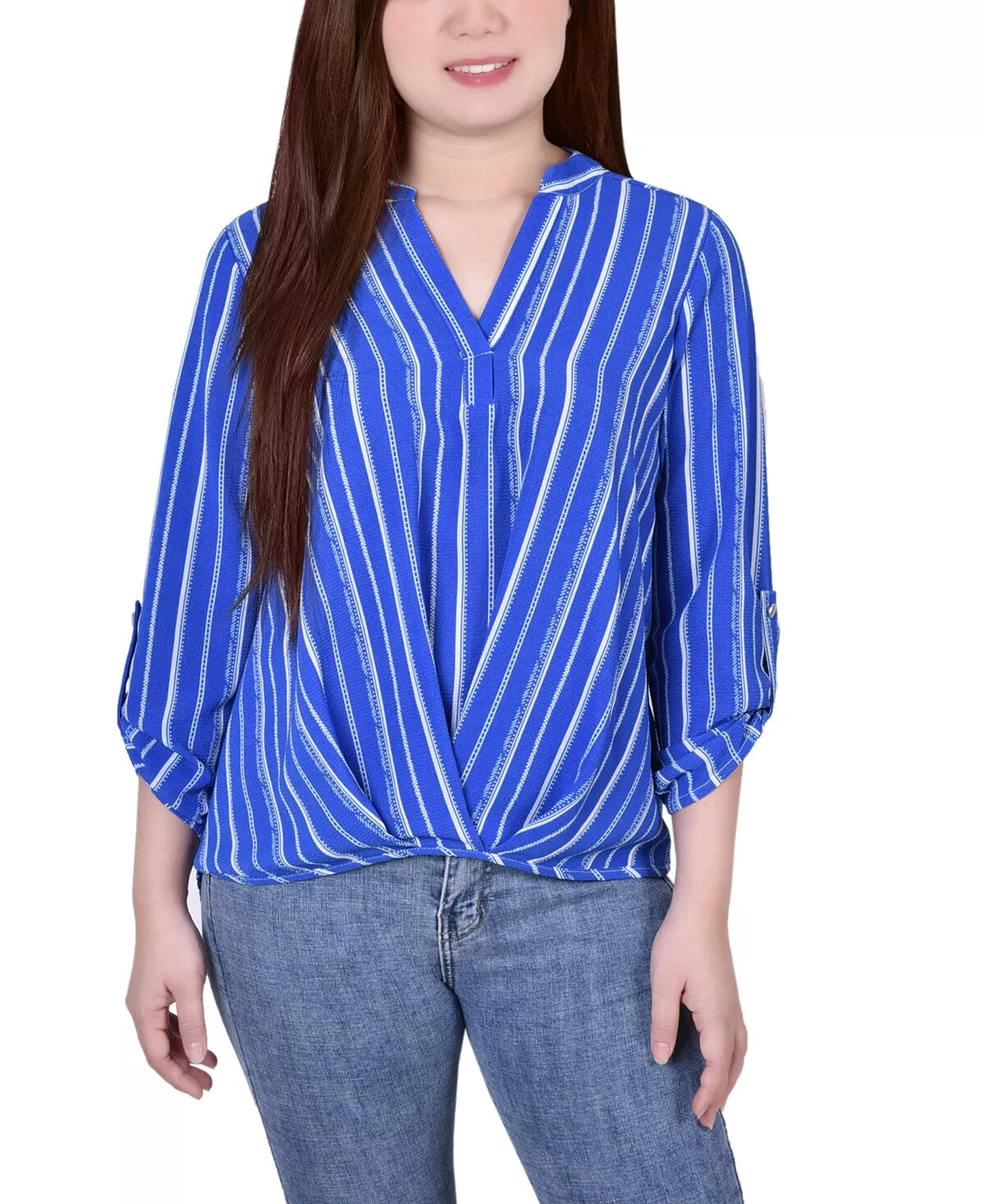 NY Collection (48*) Petite Mandarin Collar Blouse with Front