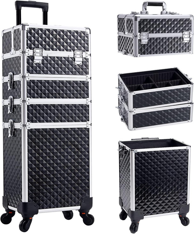 4 in 1 Rolling Makeup Case Cosmetic Train Case Trolley Roll Travel Box for Makeup Artist, Hairstylists, Nail Tech Makeup Cart with Key Swivel Wheels Barber Case Traveling Trunk Black
