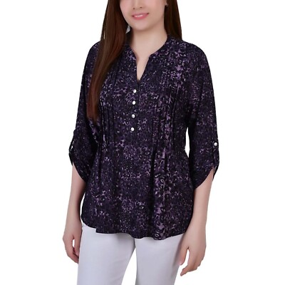 NY Collection Petite Pintuck Roll Tab Sleeve Top Animal