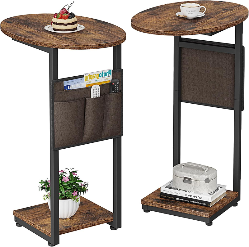 C Shaped End Table, Set of 2 Side Table for Couch, Small Couch Side Table for Small Spaces, Slide under Sofa Tray Desk with Storage Bag for Living Room and Bedroom (Rustic Brown)