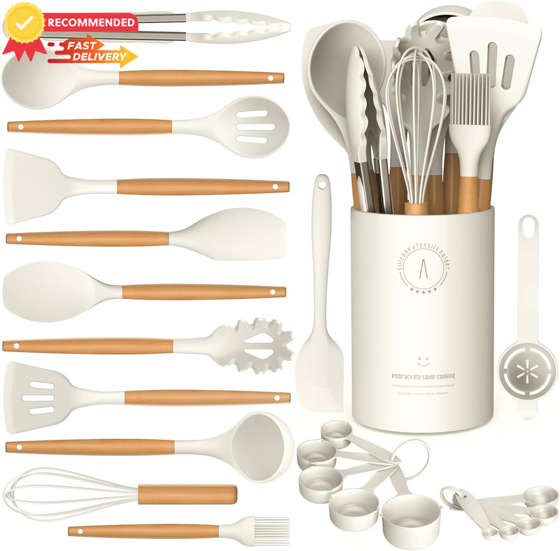 Silicone Utensils Set - Heat Resistant Spatula, Wooden Handles, BPA Free, White