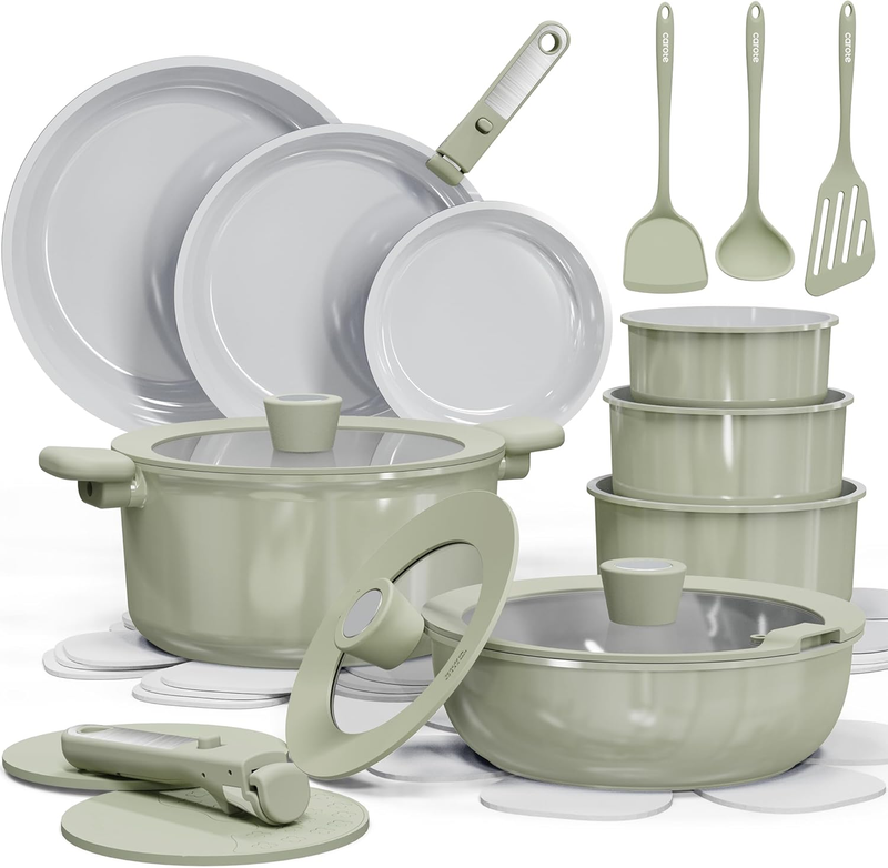 25Pcs Ceramic Cookware Set, Pots and Pans Set Non Stick, Induction Kitchen Sets, Non Stick RV Cook Ware Set with Detachable Handle, Dishwasher/Oven Safe Green