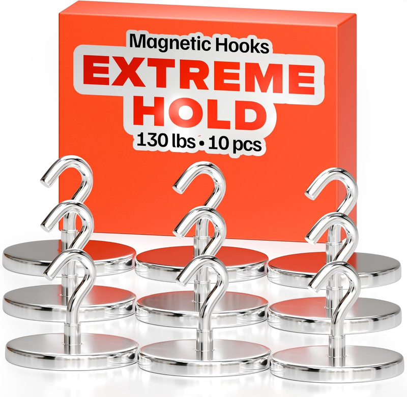Magnetic Hooks - 10 Pack 130 lbs, Sleek Silver, Super Strong Neodymium Hooks for