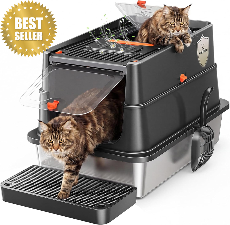 Extra Large Stainless Steel Cat Litter Box with Full Flip Top Lid, High Sided En