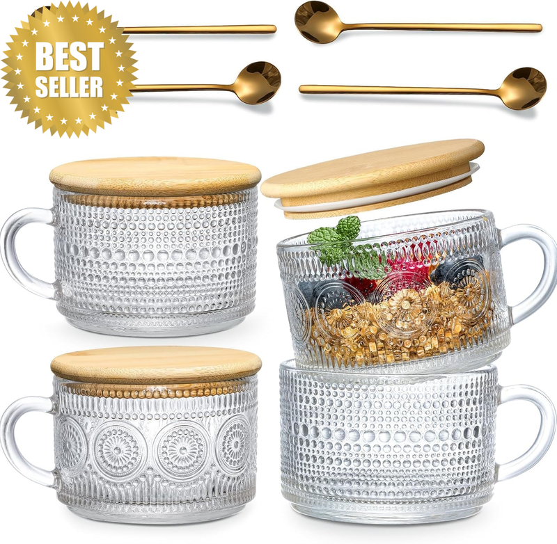 Coffee Cup, Set of 4, 14Oz Clear Glass Cups with Bamboo Lids and Spoons, Reusabl