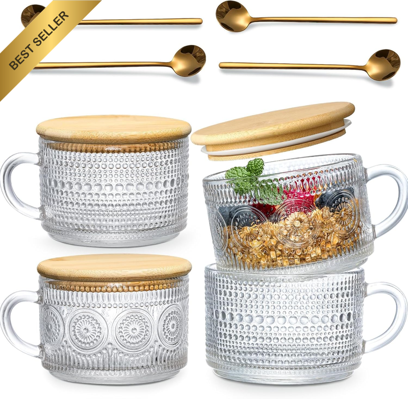 4Pcs Set Vintage Coffee Mugs Gifts for Women, Overnight Oats Containers with Bam