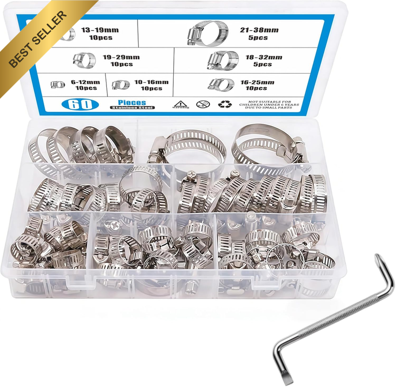 60Pcs 304 Stainless Steel Adjustable 6-38Mm Range Worm Gear Hose Clamps Assortme