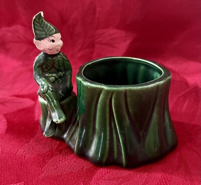 Vintage TREASURE CRAFT California Green PIXIE Elf on Tree Stump Planter Vase