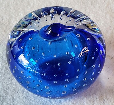 Vintage! Royal/Colbolt Blue Art Glass Paperweight Controlled Bubbles Plum/Apple 