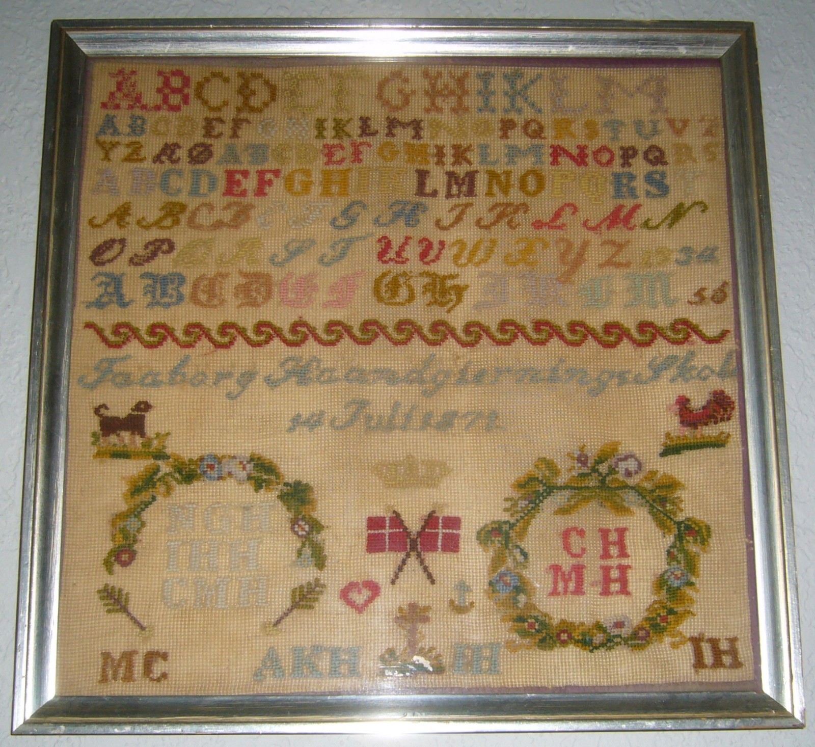 ANTIQUE1872 DANISH HAND STITCHED EMBROIDERED ALPHABET & DENMARK FLAG SAMPLER