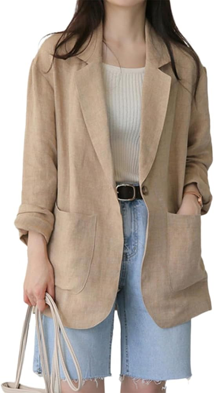 Womens Linen Blazer Casual Long Sleeve Lightweight Spring Summer Jackets