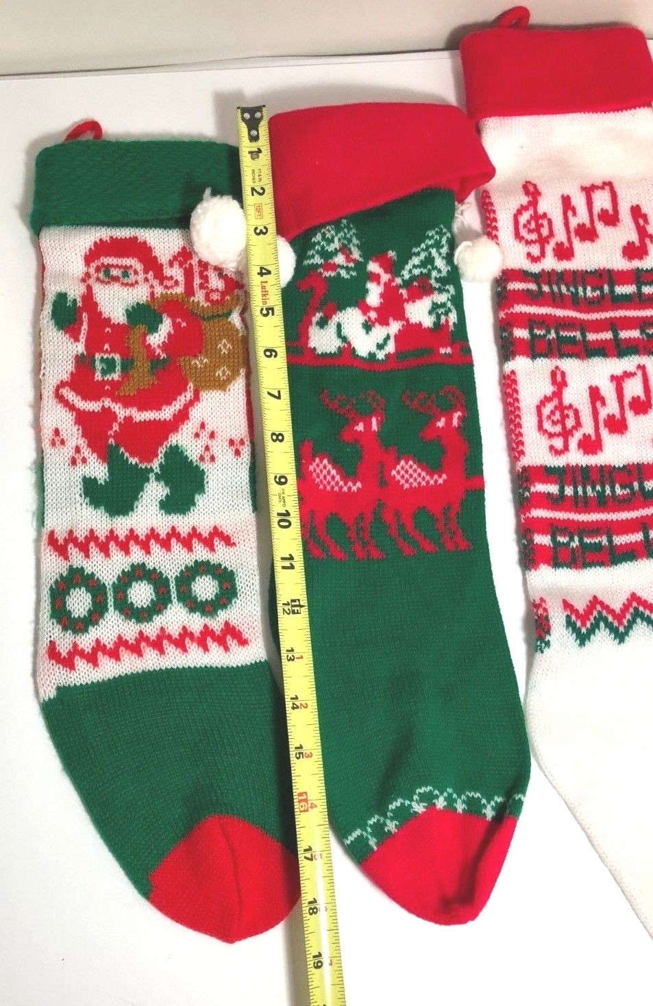 3 Vtg Long Knit Christmas Stockings Santa Claus Reindeer Jingle Bells Pom Poms