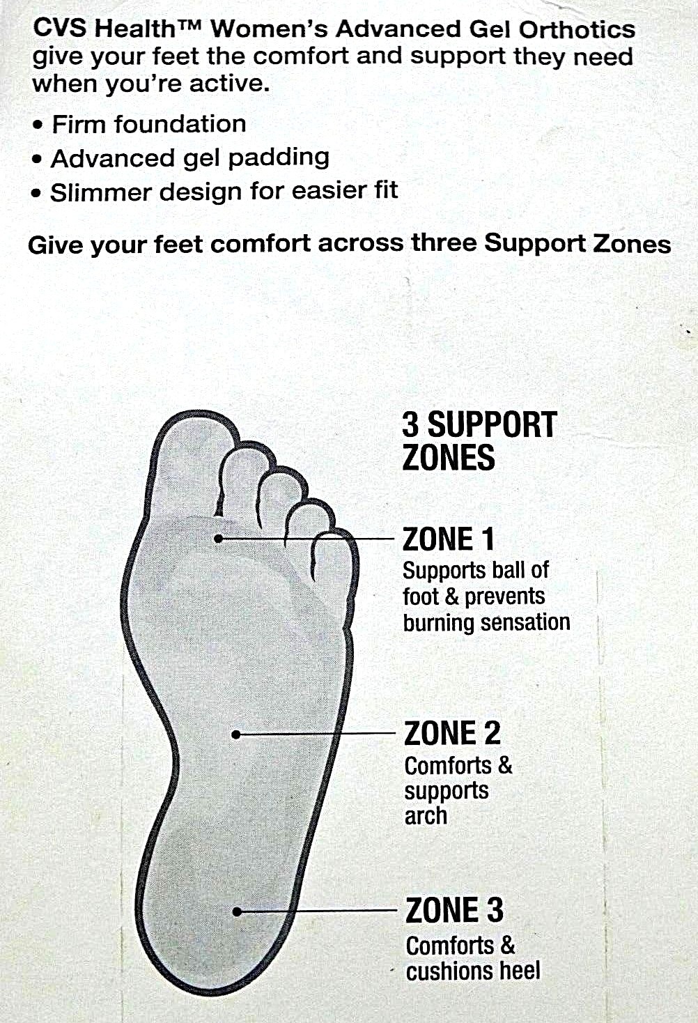 CVS COMFORT ADVANCED GEL ORTHOTICS WOMEN'S FITS 6-10 ONE PAIR New