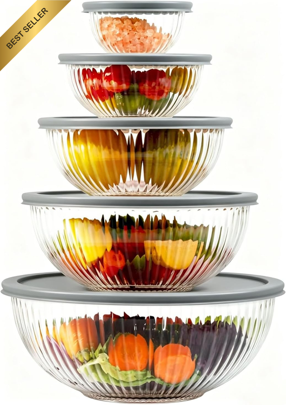 Large Glass Mixing Bowls with Lids Set, 5 Packs Glass Bowls with Plastic Lids fo