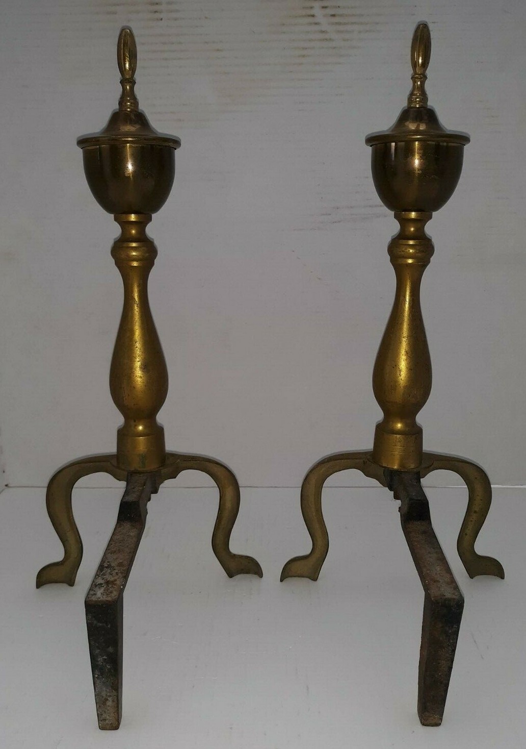 VINTAGE BRASS FIREPLACE ANDIRONS With Cast Iron Support Legs