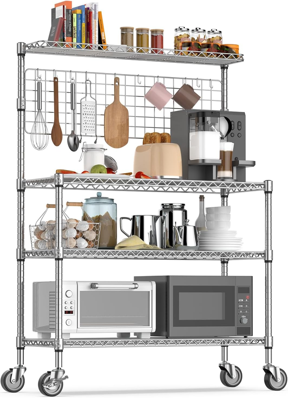 Kitchen Bakers Rack, NSF Certified 4-Tier Microwave Stand with Wheels 20 S-Hooks