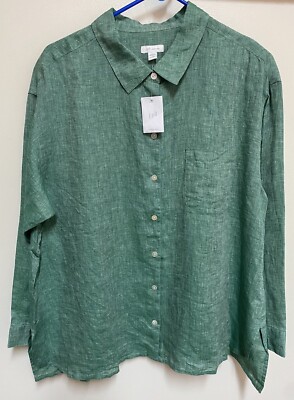 J. Jill Love Linen Essential Shirt Plus 1X Button Down Long Sleeve Green