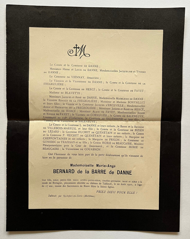 Bernard Barre Danne Viennay Faire Part Fregeoliere Chateau Talhouet Fricon 1910