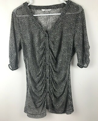 CAbi Women's Size Medium M Pebble Button Front Ruched Sheer Shirt 3/4 Sleeves
