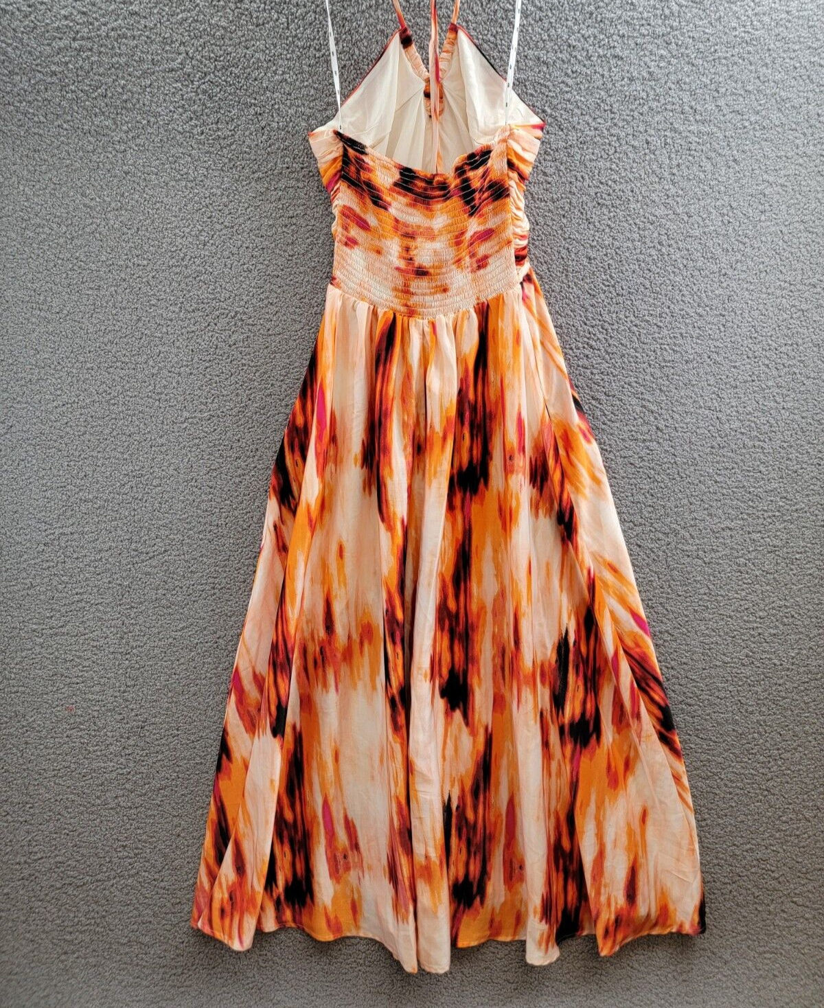 DKNY Printed Satin Strappy Halter Maxi Dress Women's M Orange Blossom Back Tie - Picture 9 of 15