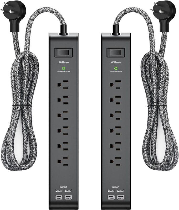 2 Pack Power Bar - Extension Cord with 6 Outlets 4 USB Ports, Surge Protector He