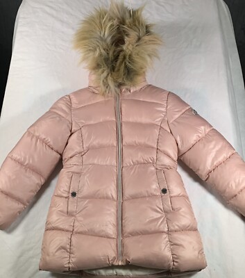 Michael Kors Girl s Pink Quilted Puffer Winter Coat Faux Fur Removable Hood 6X