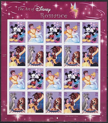 20 DISNEY ROMANCE STAMPS: Belle Beauty Beast Cinderella Mickey Mouse Lady Tramp