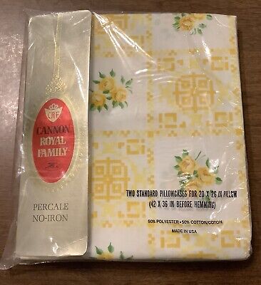 Vintage Cannon Royal Family Percale Two Standard Pillowcases Yellow Roses NIP