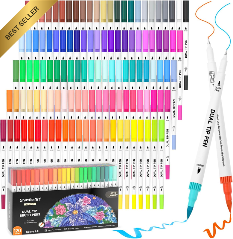 Dual Tip Brush Pens Set, 120 Colours Ultra Fine and Brush Tip Markers with 1 Col