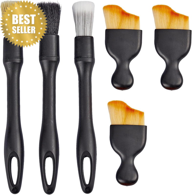 Car Detailing Brushes Kit, 6Pcs (3 Small Detail + 3 Long Brushes) Interior Dust