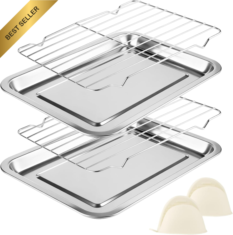 2-Piece Stainless Steel Baking Tray and Wire Rack Set with 1 White Oven Gloves,
