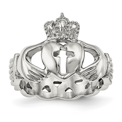 Avariah Chisel Stainless Steel Polished Claddagh with Cross Ring - Ring Size 8.0