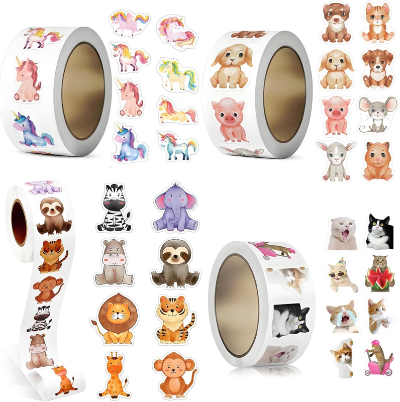 2000PCS 4 Rolls Animal Stickers Pack - Cute Cartoon Animal Designs Assortment |