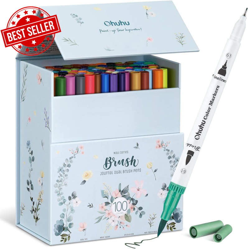 100 Colouring Pens, Dual Tip Markers, Art Set for Kids, Adults, Calligraphy